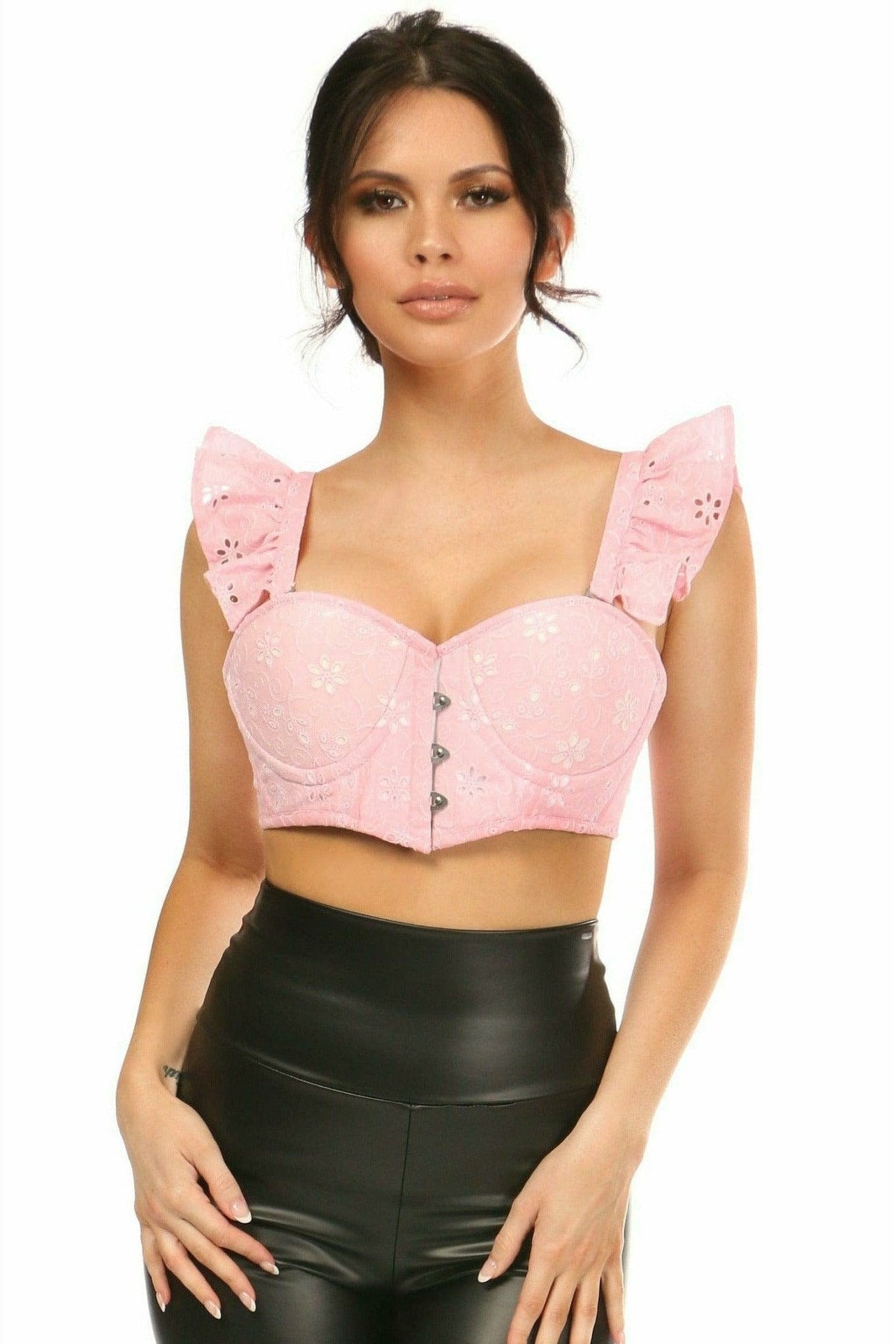 Sexy Light Pink Eyelet Underwire Bustier Top with Removable Ruffle Sleeves Musotica.com