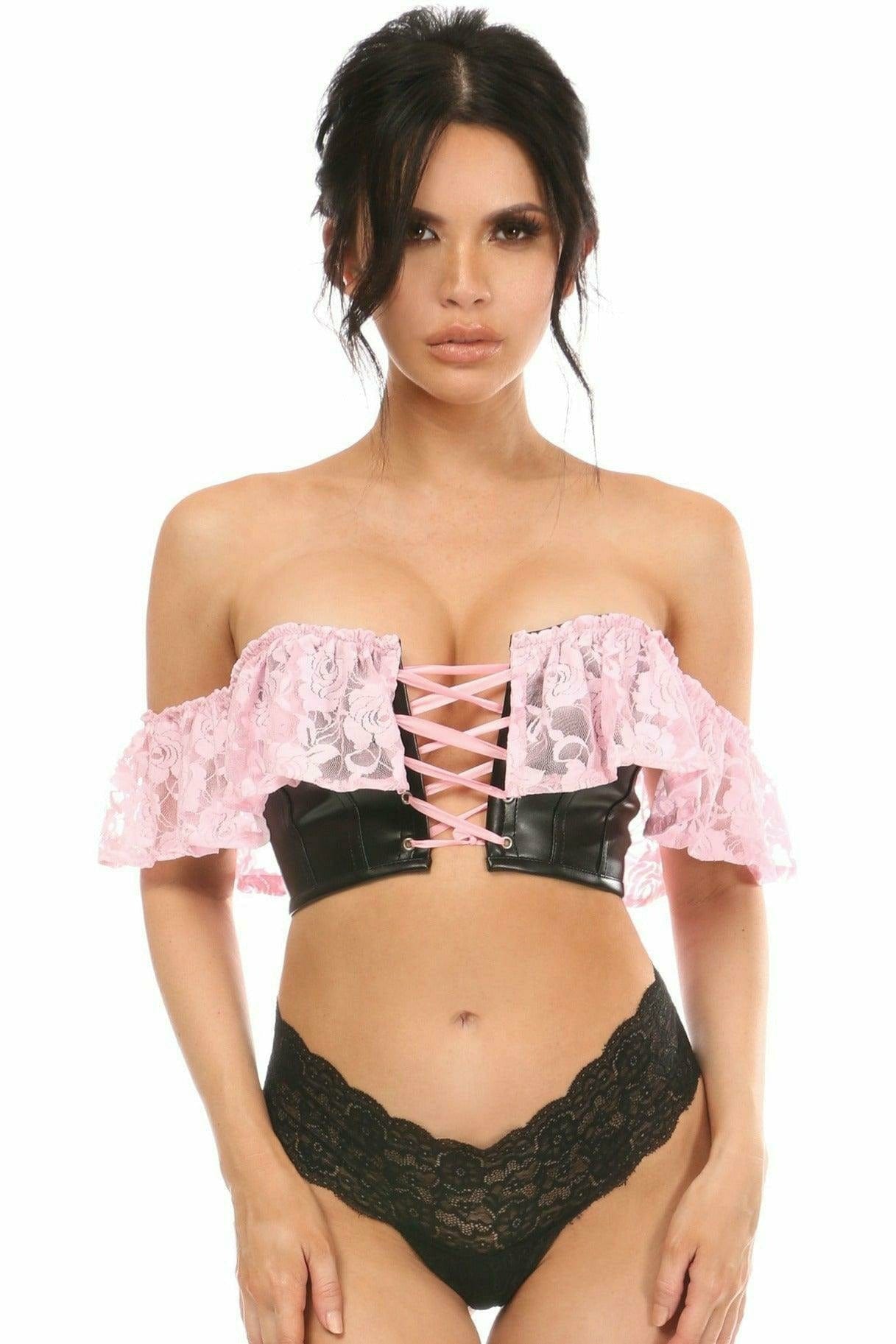 Sexy Light Pink Lace & Faux Leather Bustier Top Musotica.com