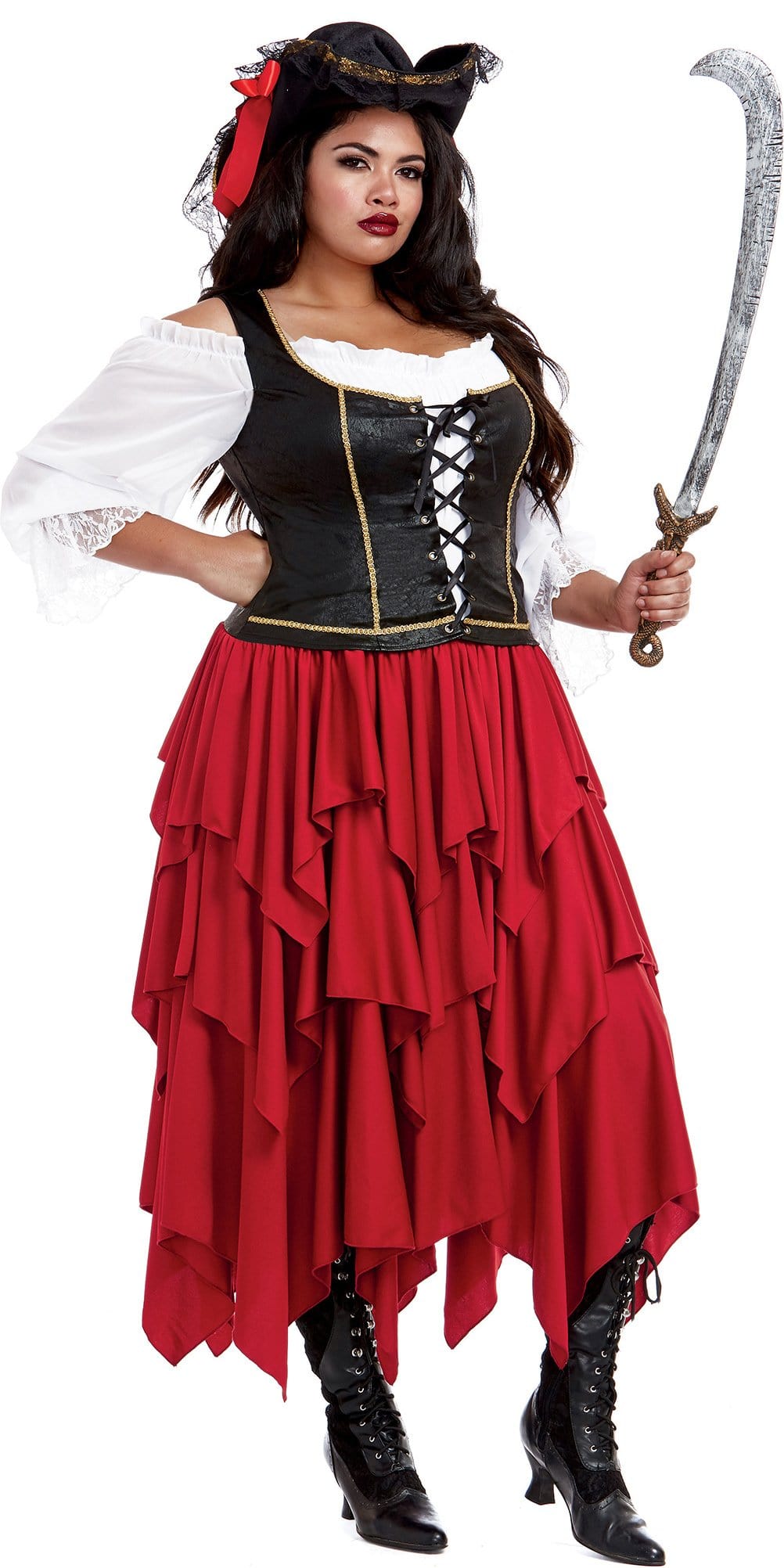 Sexy Plus Size Ships Ahoy Women's Costume featuring an off-the-shoulder dress with multi-tiered skirt and faux-leather vest, accessorized with a head scarf.