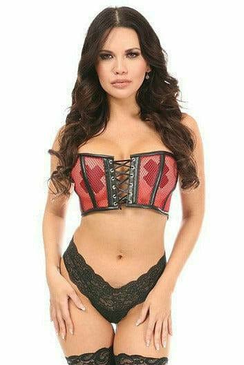 Sexy Red Fishnet & Faux Leather Lace-Up Short Bustier Top Musotica.com