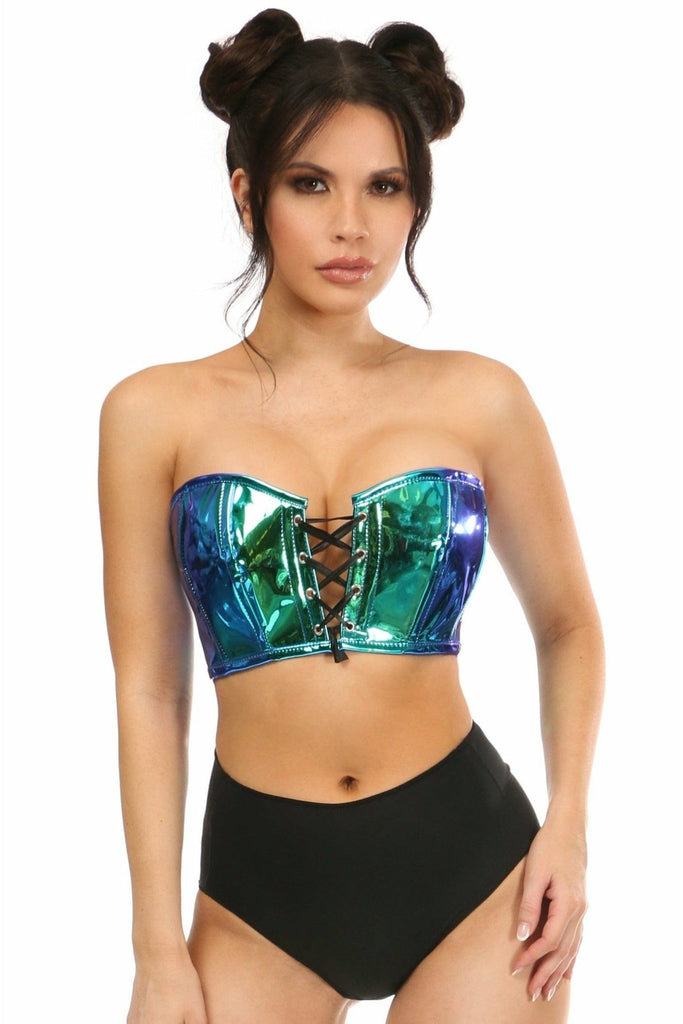 Sexy Teal With Blue Holo Lace-Up Short Bustier Top Musotica.com