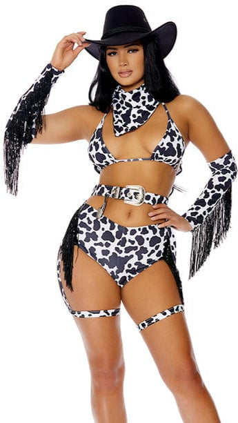 Woman wearing the Sexy Time to Ride Cowgirl Halloween Costume, featuring a cow print underwire bra top with fringe, matching panty, and a Western buckle garter belt.