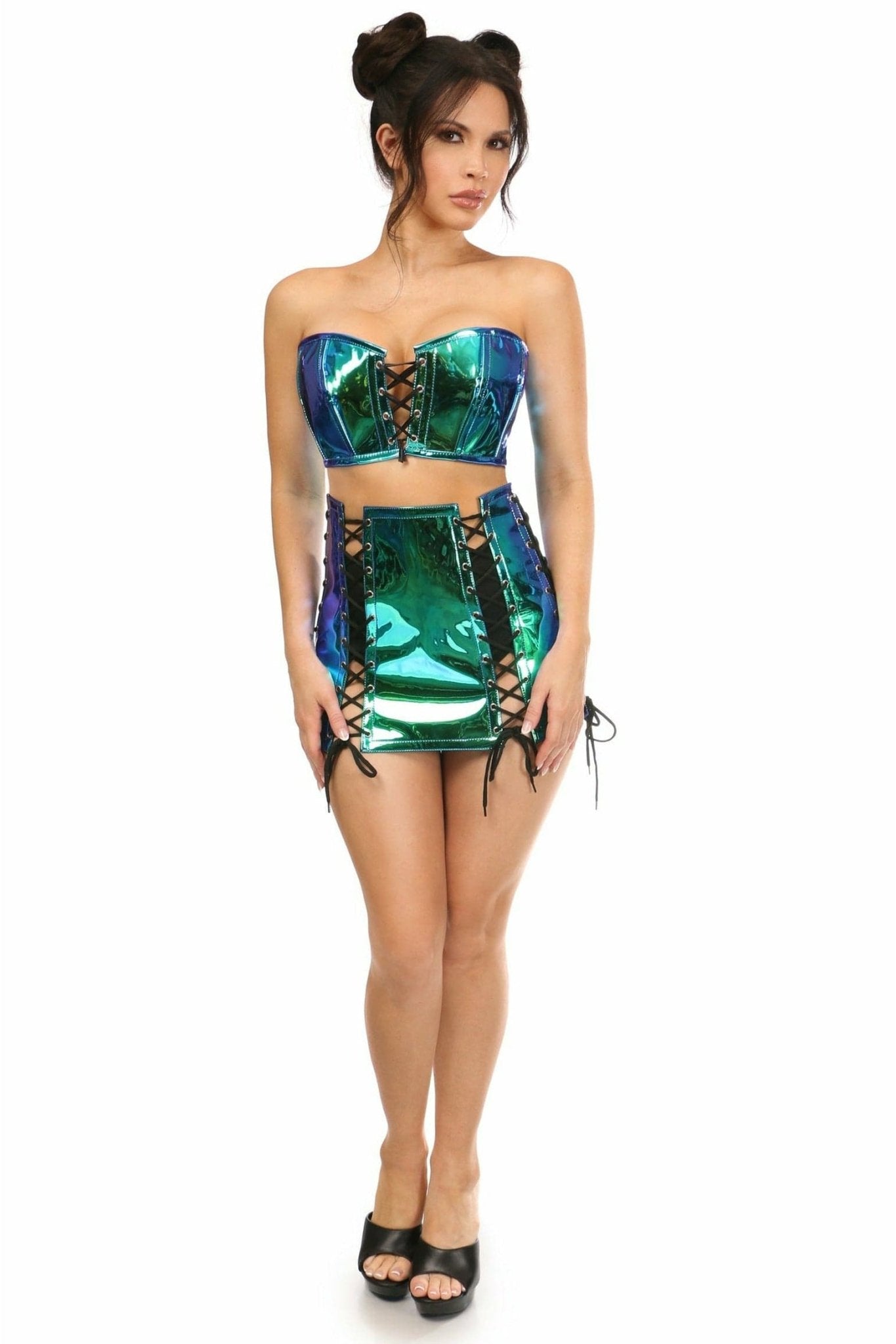 Sexy Two Piece Blue With Teal Holo Bustier & Skirt Set Musotica.com