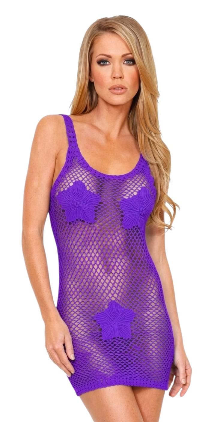 Purple crochet mini dress with scoop neckline and sleeveless bodycon fit