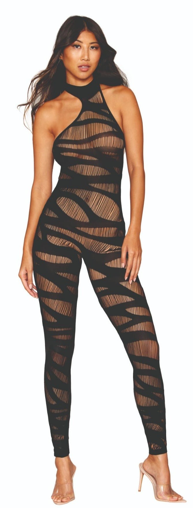 Woman modeling Slash Design Asymmetrical Bodystocking, featuring a halter neckline and footless design with an all-over slash pattern. G-string not included.