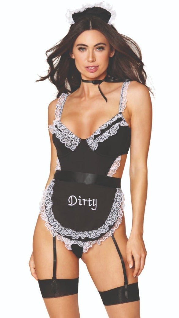 Steamy French Maid Fantasy Costume featuring a woman in a maid outfit with lace detailing, attached garters, and embroidered apron. Includes maid cap and ribbon choker.