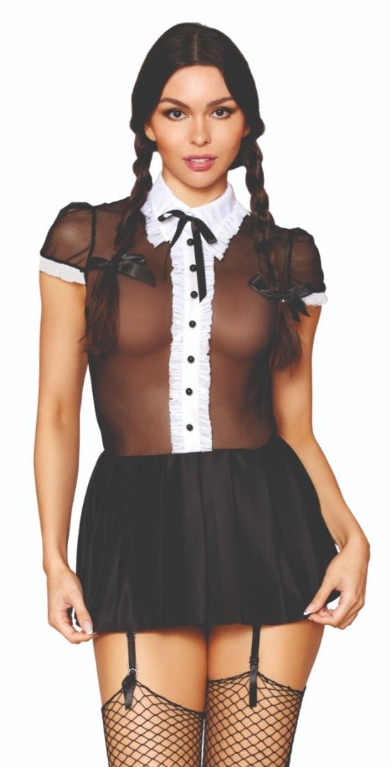 Steamy Gothic Schoolgirl Roleplay Costume featuring sheer mesh bodice, cap sleeves, pleated skirt, and adjustable garters, worn by a model with included hair ties.