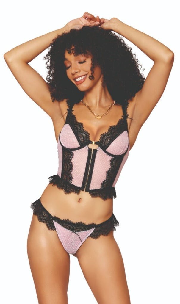 Woman modeling the Super Cute Black & Pink Mesh Lingerie Set with lace trim, underwire cups, and adjustable straps, showcasing its elegant design and supportive fit.