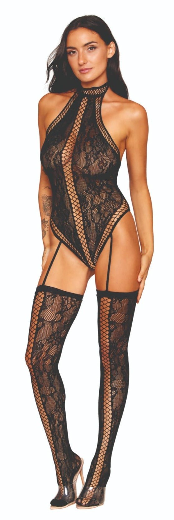 Woman modeling Tempting Lace Crisscross Bodystocking Set, featuring a high halter neckline, crisscross details, and attached stockings for a seductive look.