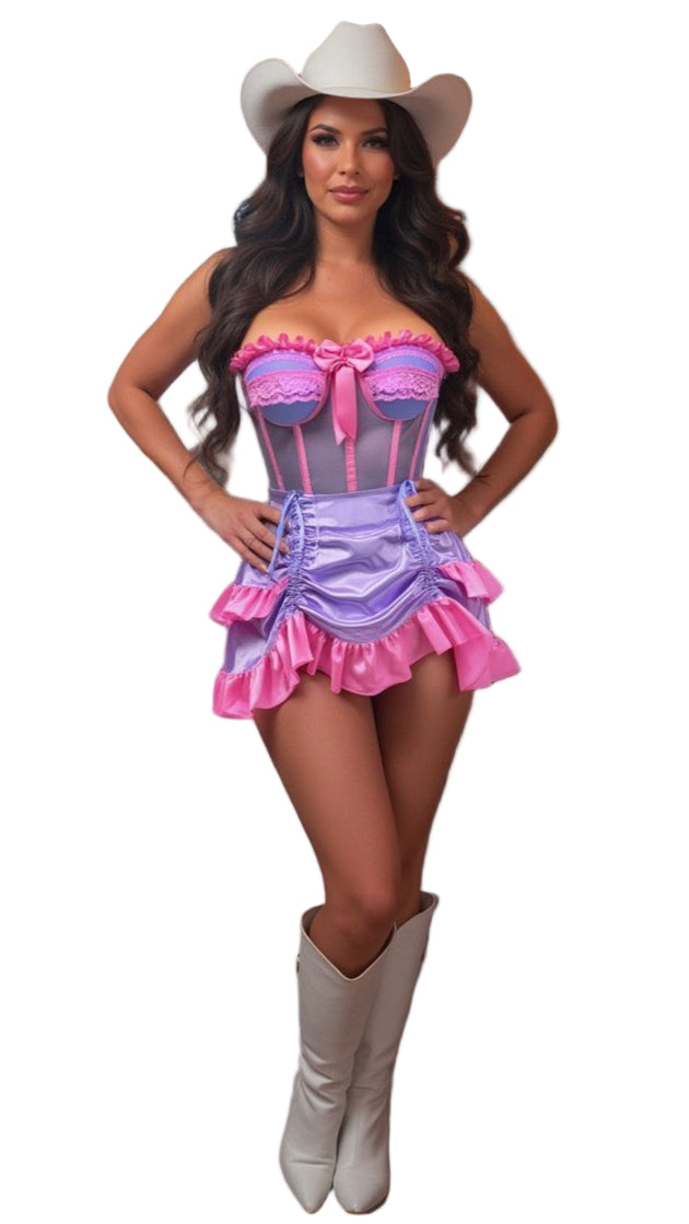 Top Drawer Steel Boned Purple Pink Mesh Underwire Bustier Corset Skirt Ensemble: Woman in white cowboy hat, wearing lavender-pink corset with lace, ruffled skirt, and knee-high white boots, standing in a bar setting.
