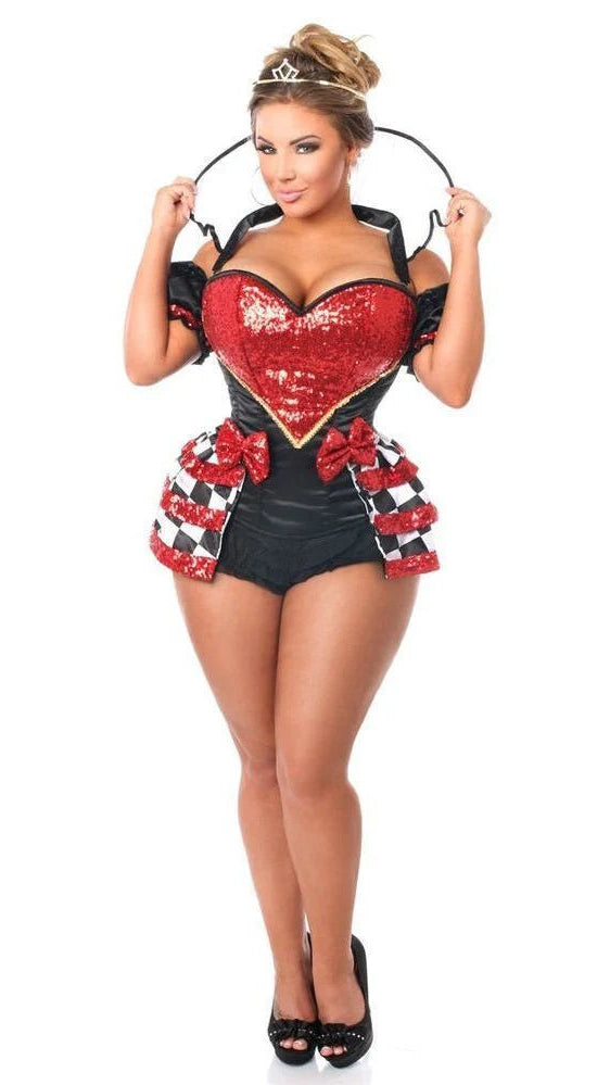 Woman in the Sexy Deluxe 6 Piece Royal Red Queen Corset Halloween Costume, featuring a red heart-shaped sequined bustier, checkerboard side panels, tiara, and black peep-toe heels, embodying a regal look.