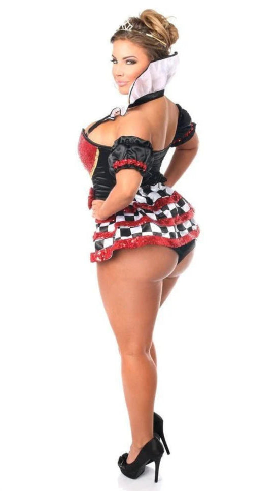 Woman modeling the Sexy Deluxe 6 Piece Royal Red Queen Corset Halloween Costume with a corseted bodice, checkered skirt, puffed sleeves, high collar, small tiara, and high-heeled pumps.