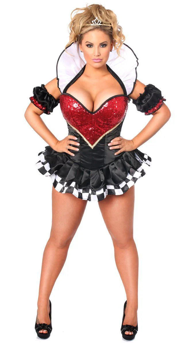 Sexy Deluxe Royal Queen Corset Halloween Costume features a sequined heart-shaped bodice, short skirt with checkerboard trim, puffed arm bands, dramatic ruffled collar, and tiara, ideal for cosplay events.