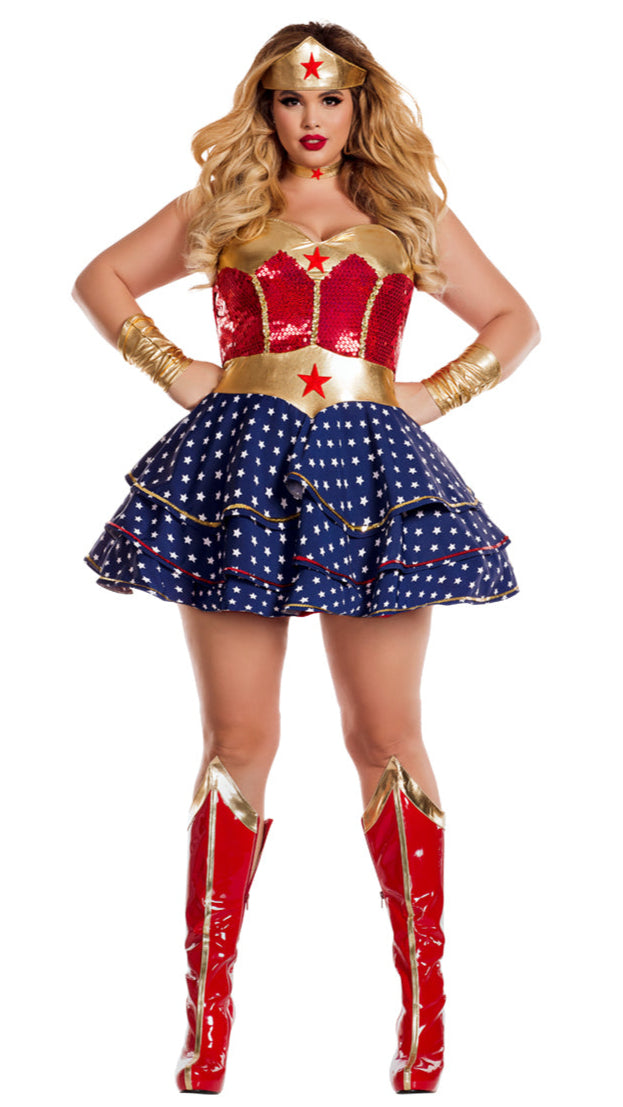 Justice Crown Heroine Plus Size Halloween Costume features a sequined red top, navy skirt with white stars, gold tiara, wrist cuffs, and knee-high boots, inspired by a classic superhero look.