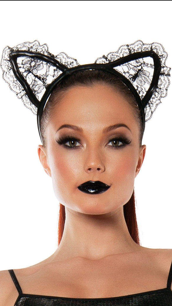Black lace cat ear headband with scalloped trim and bow detail