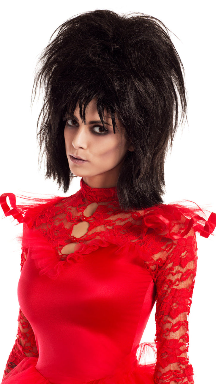 Model wearing Beetle Bride Costume Wig with teased black hair and fiery red veil, paired with a bright red ruffled lace top, creating a dramatic, gothic look for Halloween or themed events.