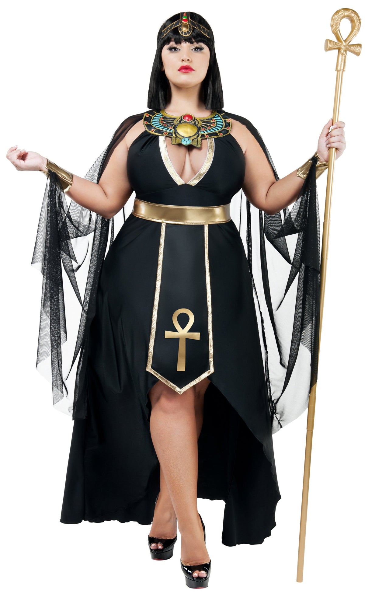 Plus size black V-neck peplum costume dress with gold trim, sheer cape, ankh staff