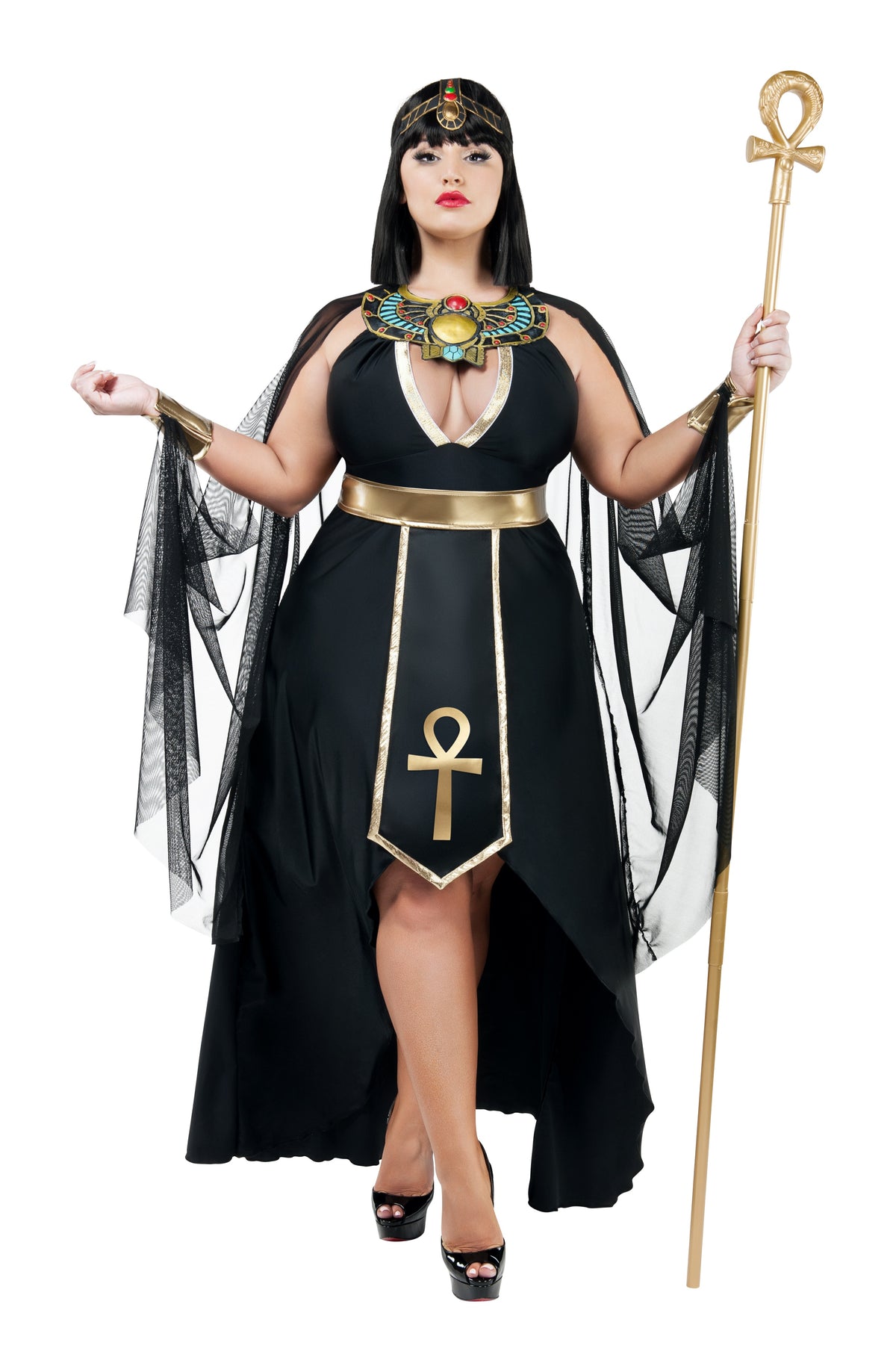 Plus size black V-neck peplum costume dress with gold trim, sheer cape, ankh staff