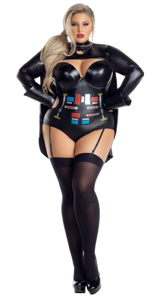 Dark Star Commander Plus Size Costume features a black vinyl-style bodysuit with bustier top, cape, and garter straps, inspired by a sci-fi villain, styled with bold makeup and high heels.