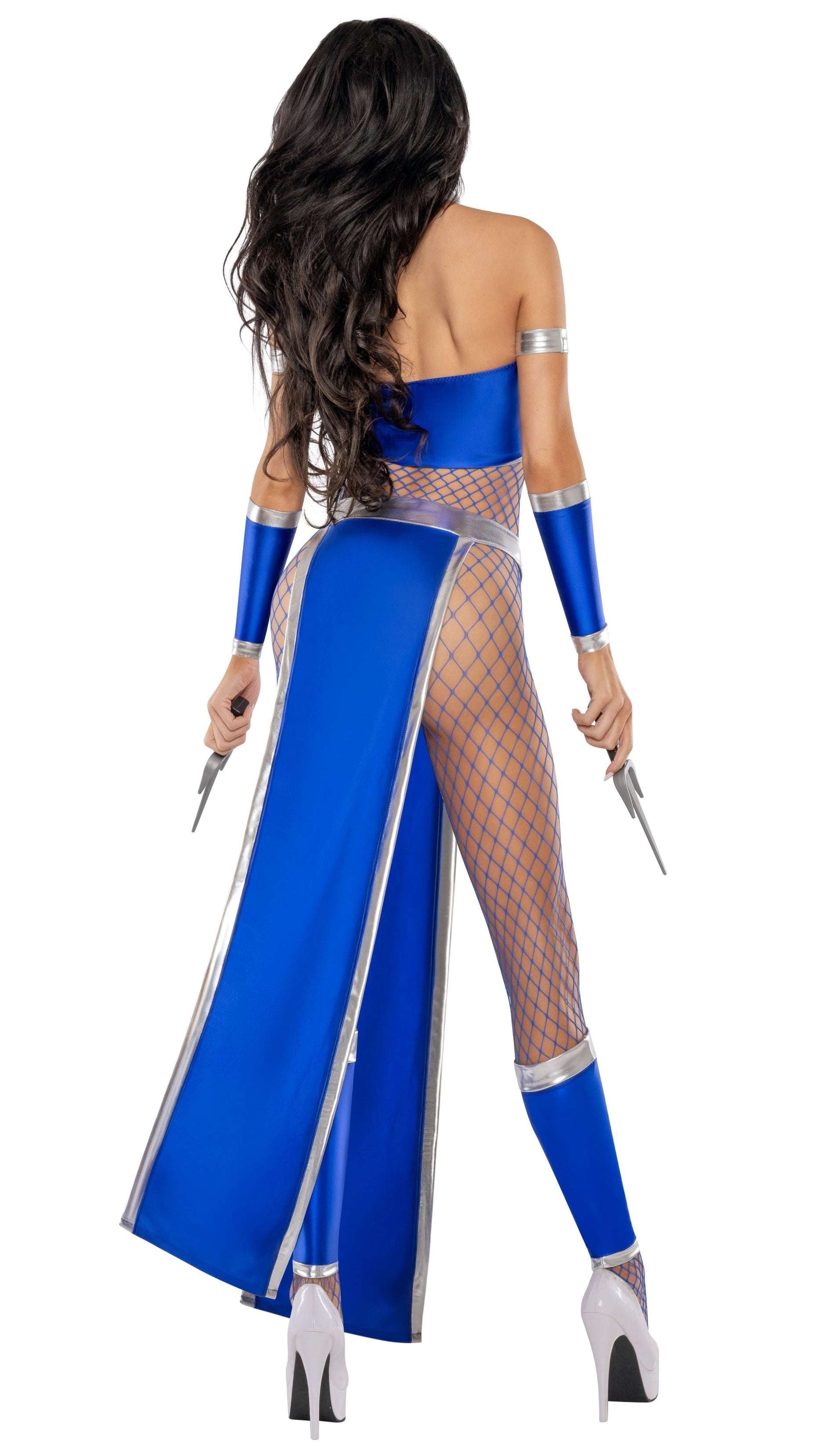 Back view of blue warrior costume set