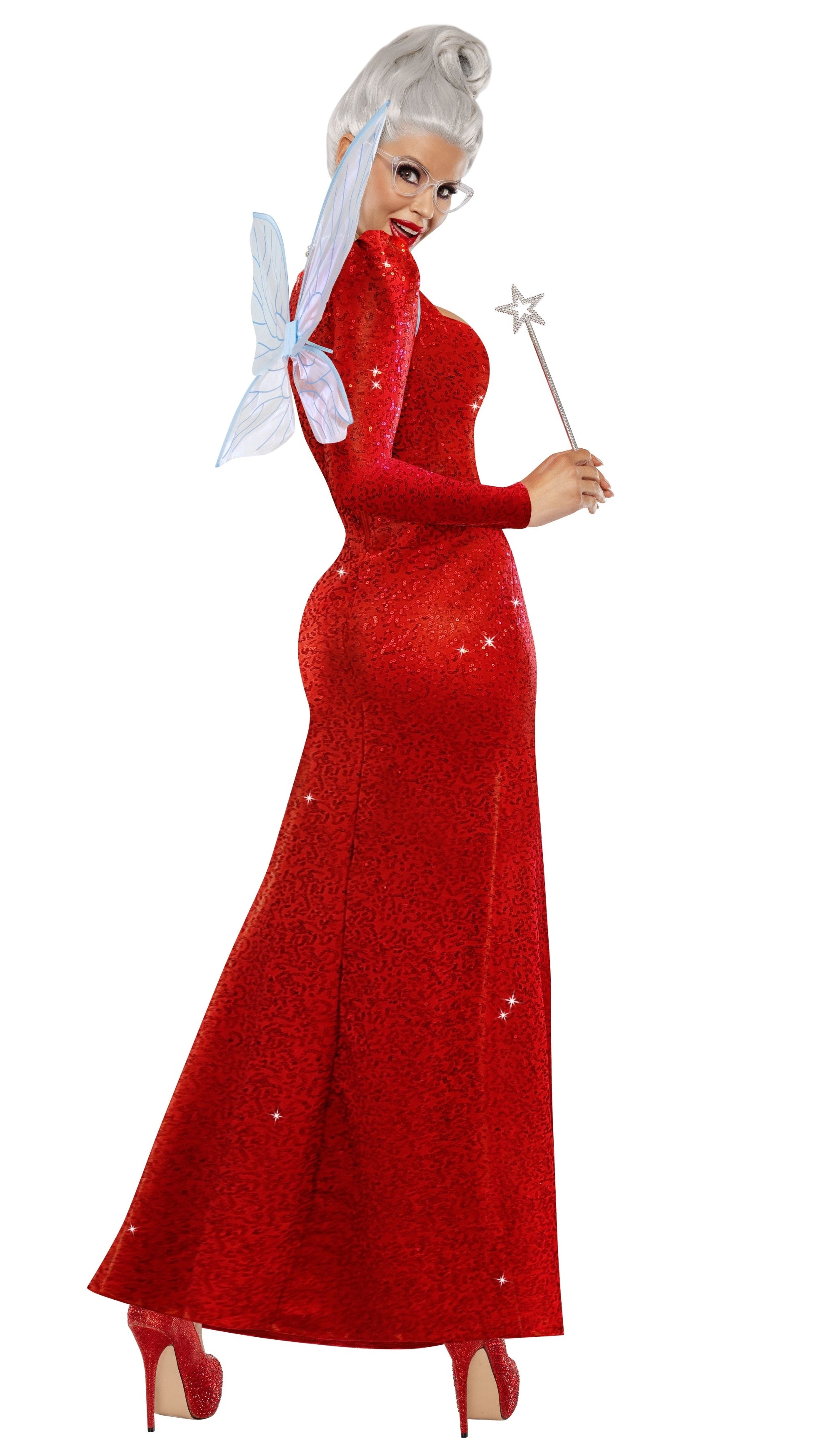Red sequin fairy dress with wings, tiara, long sleeves, and star wand