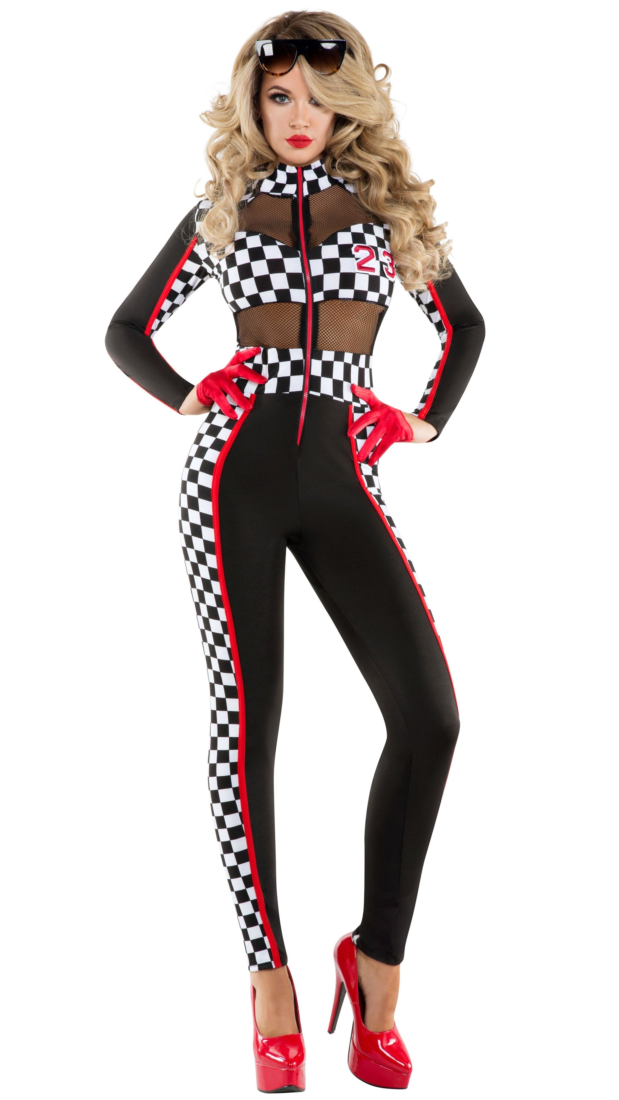 Pit crew costume with multicolor mesh catsuit and gloves