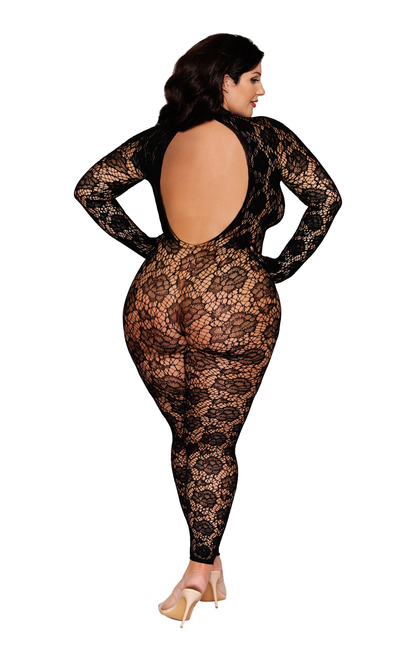 Woman in Sexy Plus Size Lace Gloved Bodystocking, showcasing open back details and lace's sheer effect, highlighting fashionably covered yet elegant style.