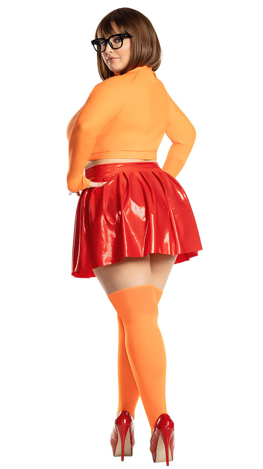 Orange crop top with red shiny pleated mini skirt, back view