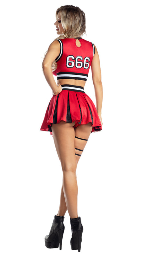 Devilish Cheer Babe Women's Halloween Costume features a rear-view of a woman in a sleeveless crop top with 666 and a short pleated skirt, embodying gothic cheerleader style.
