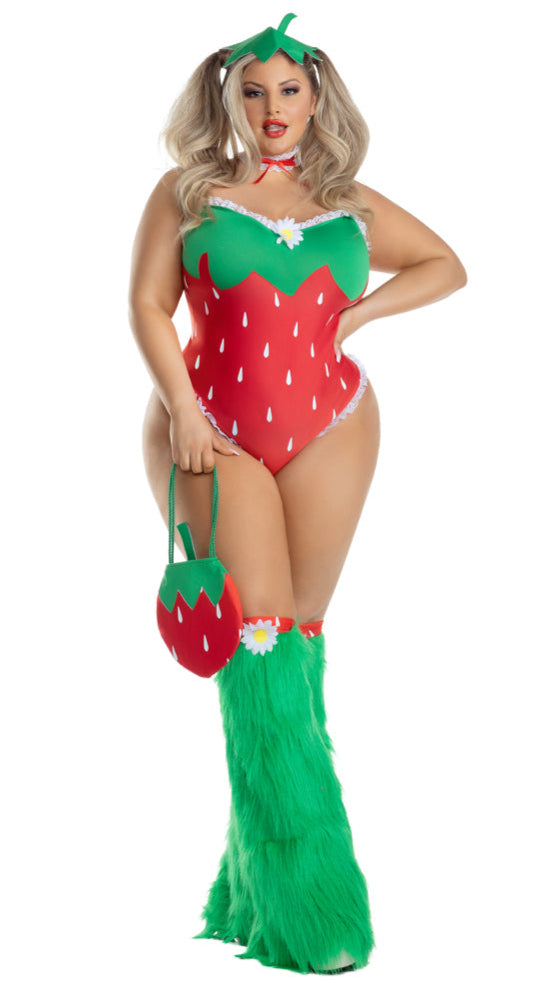 Plus Size Strawberry Dream Babe Halloween Costume features a playful red bodysuit with a scalloped green top, strawberry headpiece, matching purse, and fuzzy green leg warmers for a whimsical, fruit-inspired look.