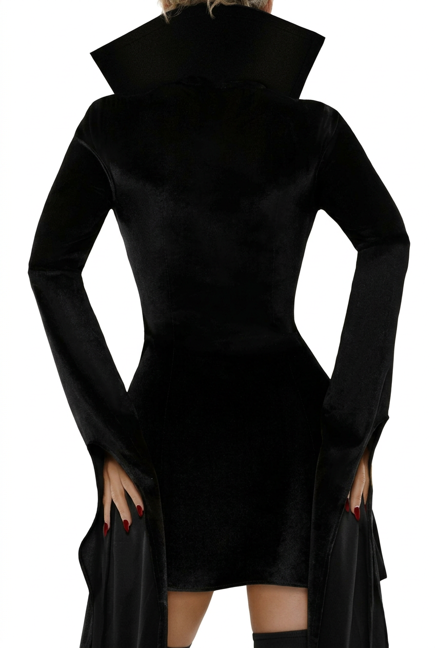 Black velvet vampire mini dress back view with tall collar and flared drape panels