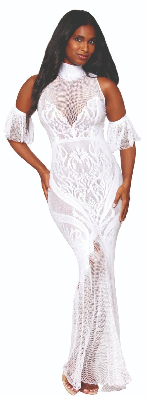 White Lotus Lace Flutter Sleeves Gown Musotica.com