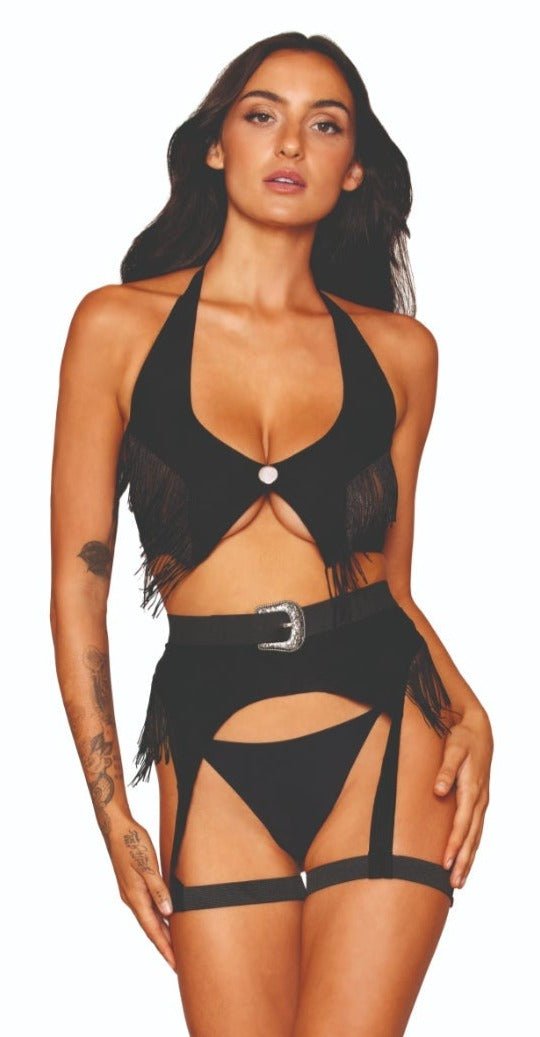 Woman modeling Wild West Faux-Leather Lingerie Set Costume with fringe details, adjustable tie-back, and buckle on the garter belt. Thong not included.
