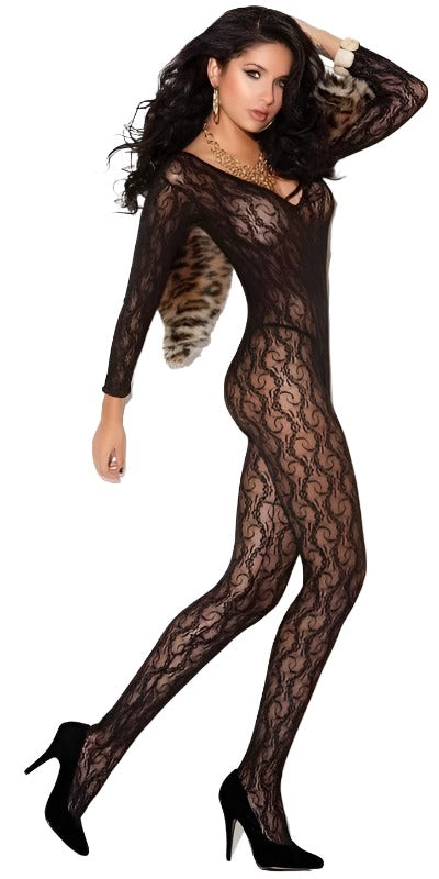 Mannequin in Alexa Lace Long Sleeve Bodystocking, featuring see-through material and lace details with an open crotch, paired with high heels.