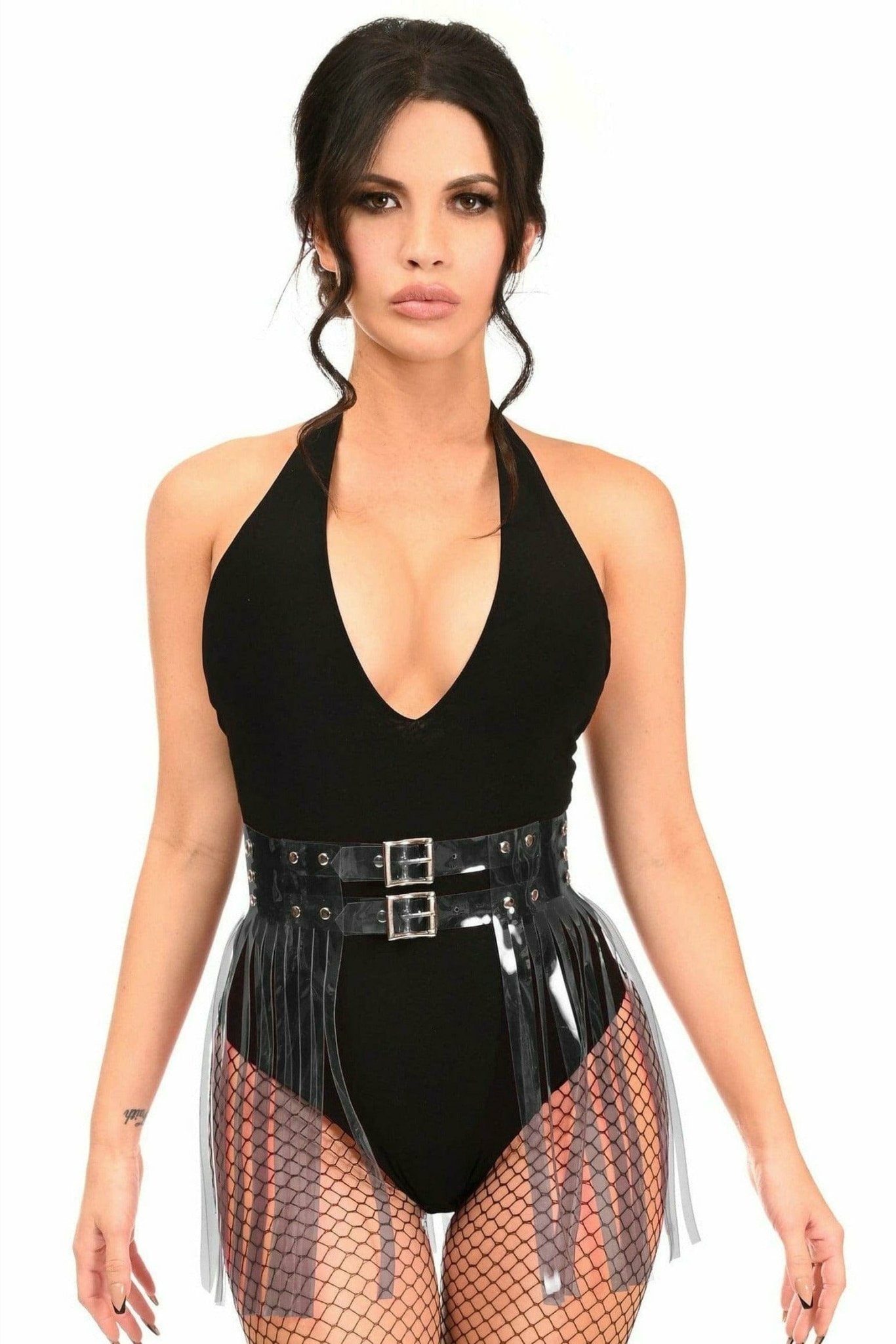 Woman wearing a Black Clear Fringe Skirt with fishnet fabric and adjustable waist, showcasing unique hardware details, styled for parties or festivals.