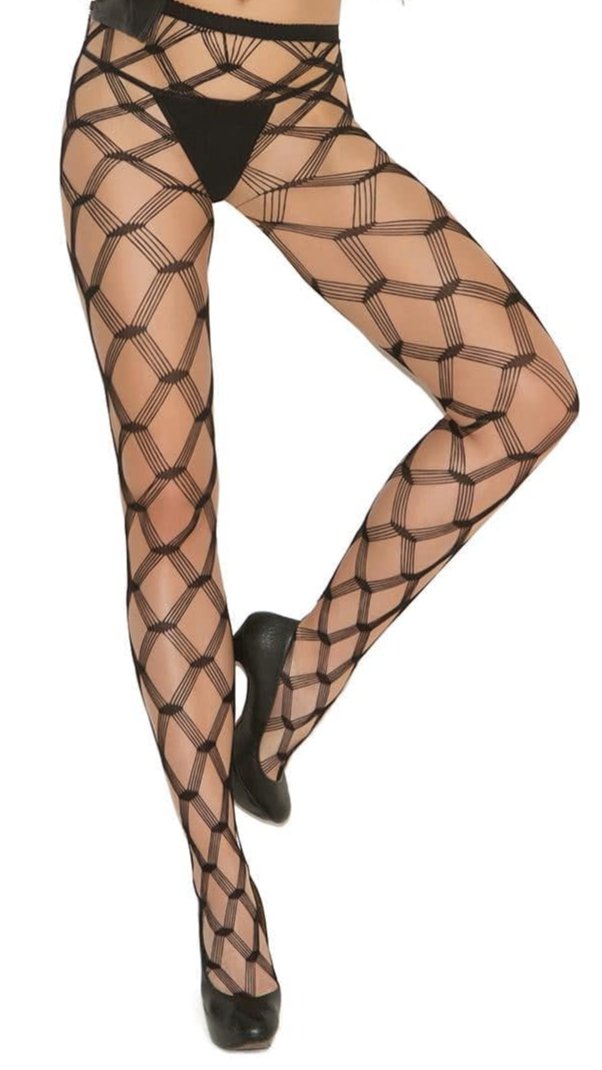 Woman in black vest and tights showcasing Black Diamond Net Pantyhose with intricate diamond lace detailing, emphasizing the seamless design and fashion-forward appeal.