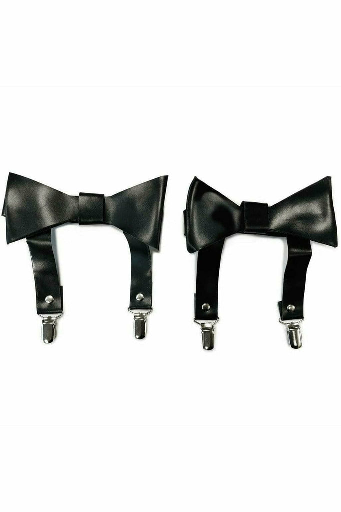 Black Faux Leather Garters with removable snap-on garter attachment, featuring a secure pull-on elastic back for a stylish and adjustable fit.