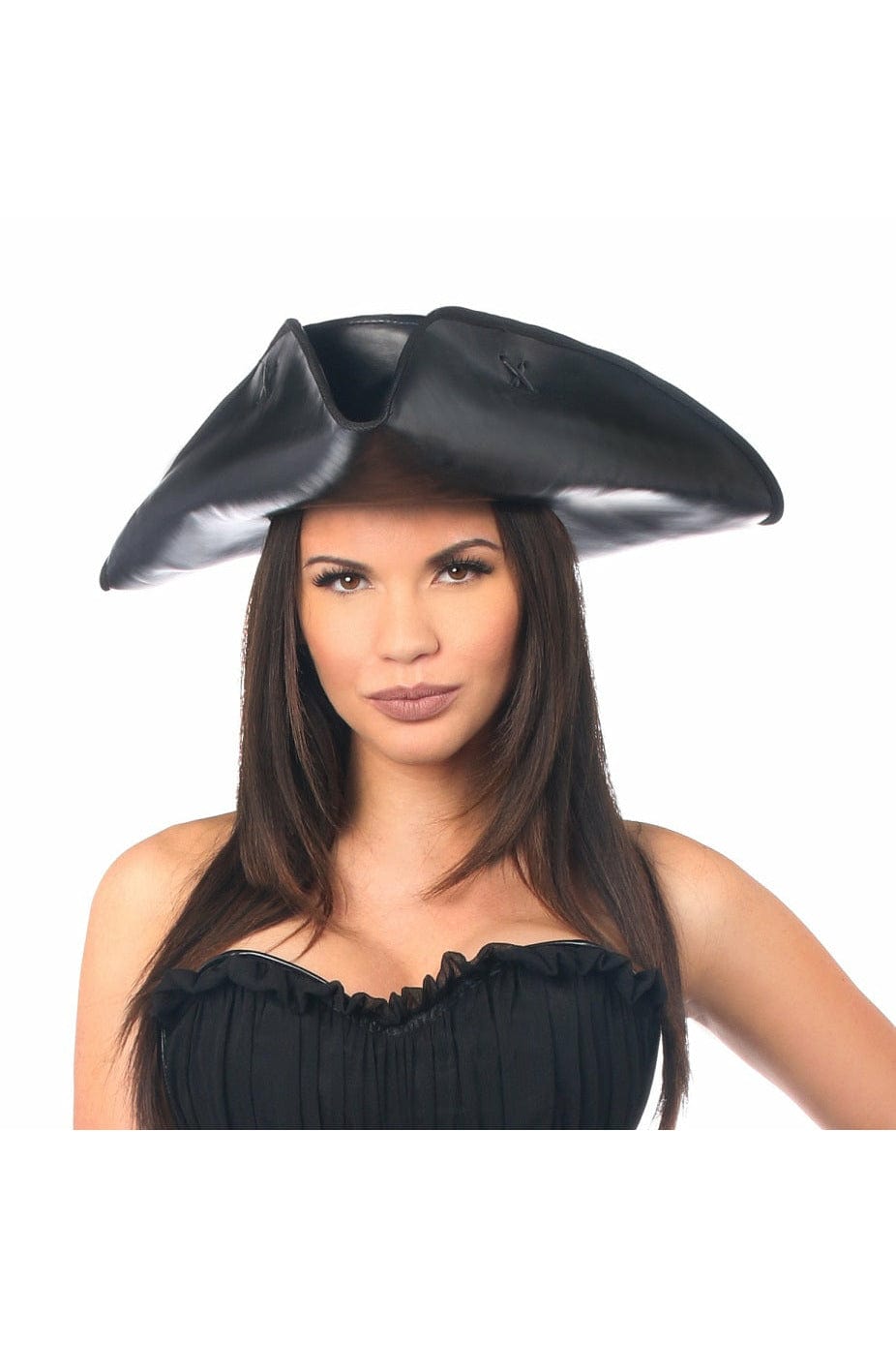Woman with long brown hair wearing a Black Faux Leather Pirate Hat, ideal for costumes, showcasing its bendable synthetic material in a close-up view.