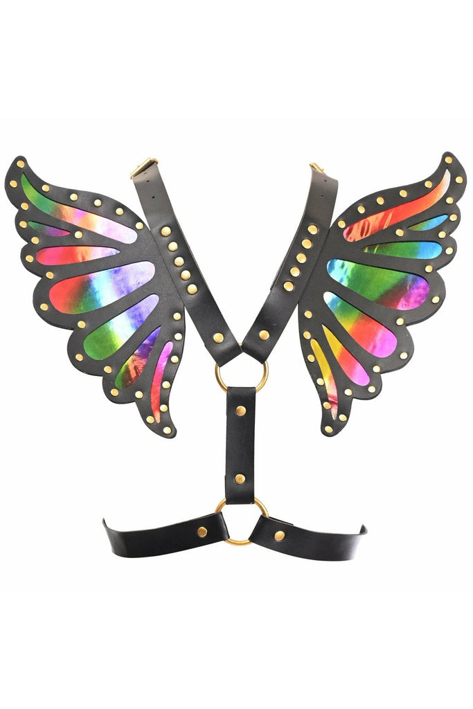 Black Faux Leather & Rainbow Hologram Butterfly Wing Harness with silver hardware, featuring adjustable straps and vibrant wings, ideal for festivals and fashion-forward looks.