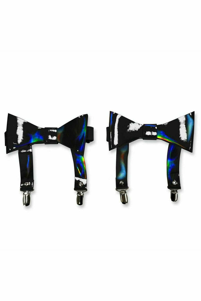 Black Hologram Garters featuring elasticated straps with removable snap-on attachments, ideal for adding a unique touch to your costume or night-out ensemble.