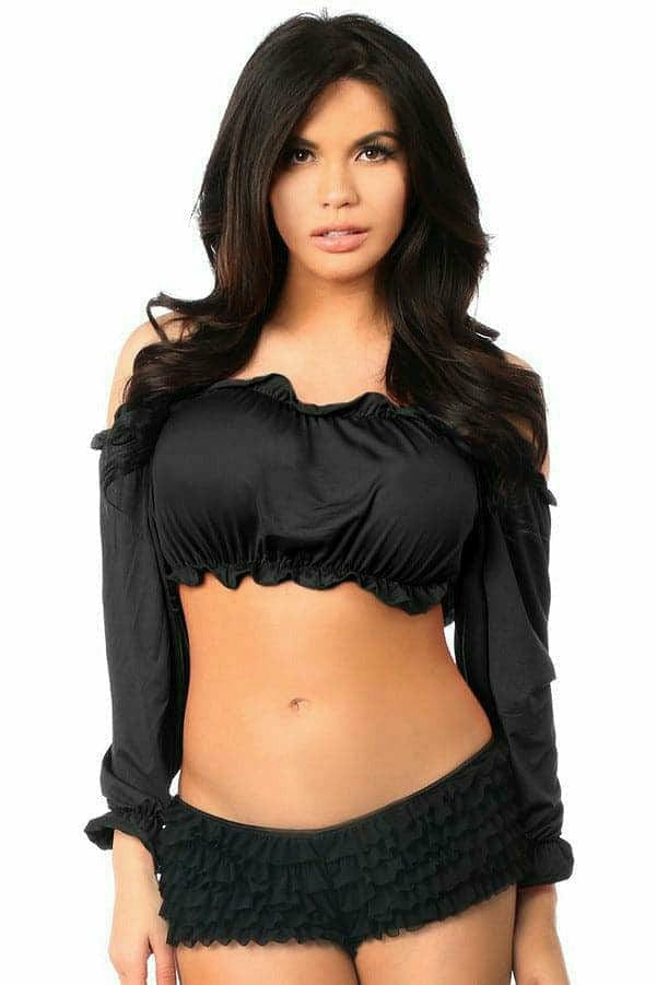 Woman modeling a Black Long Sleeve Peasant Top with smocked sleeves, suitable for versatile styling including off-the-shoulder wear.