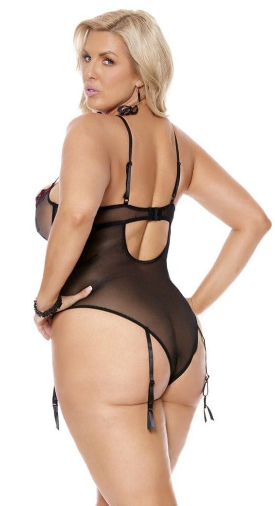 Black Mesh Red Embroidered Plus Size Teddy Musotica.com