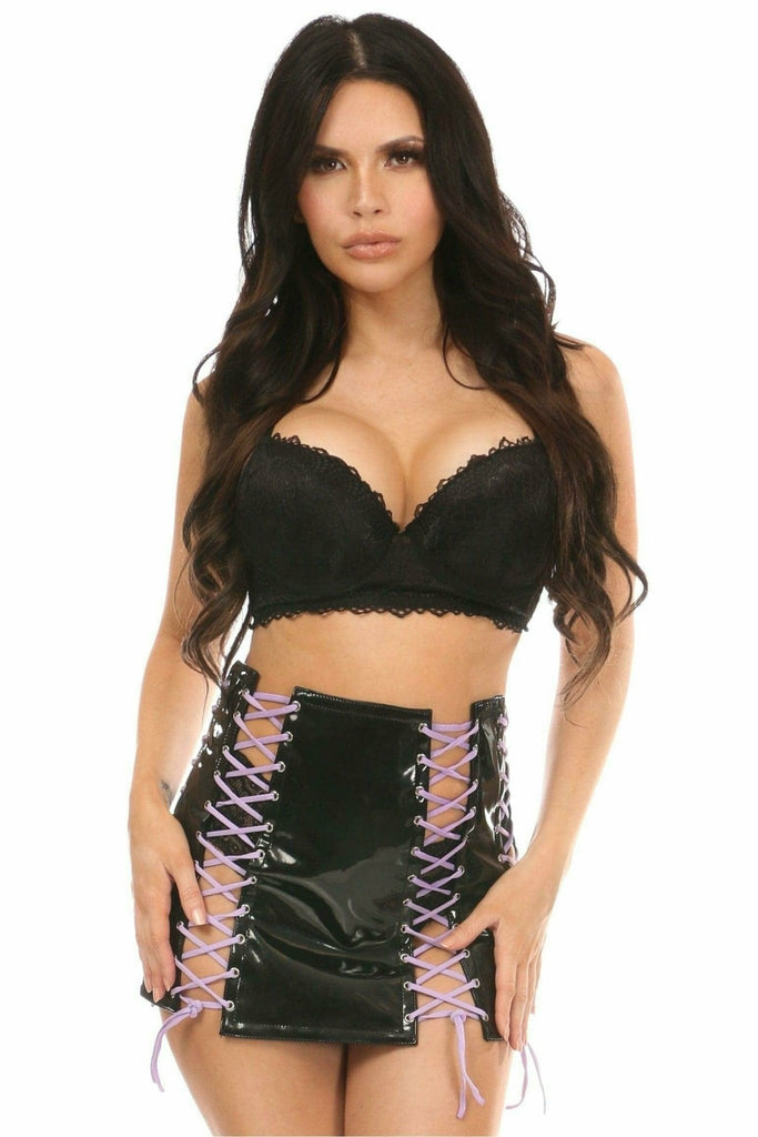 Woman wearing Black Patent Lace-Up Skirt with Light Purple Lacing, featuring a sultry back zipper closure, styled for an edgy, experimental club wear look.