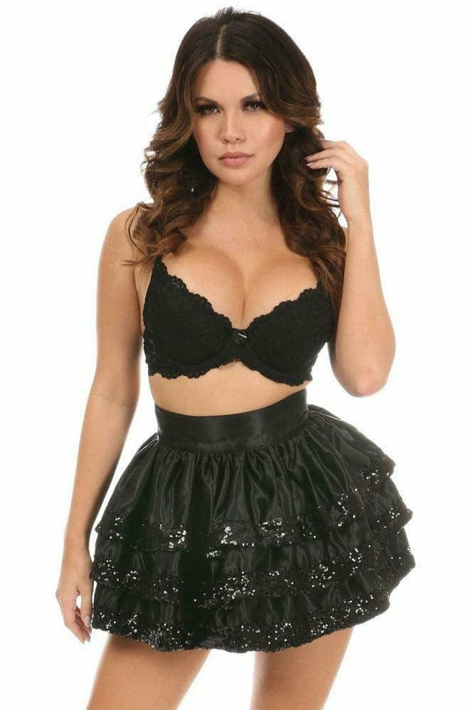 Woman wearing Black Sequin 3 Layer Skirt with sequins, featuring a back zipper and velcro closure, ideal for special occasions. Top not included.