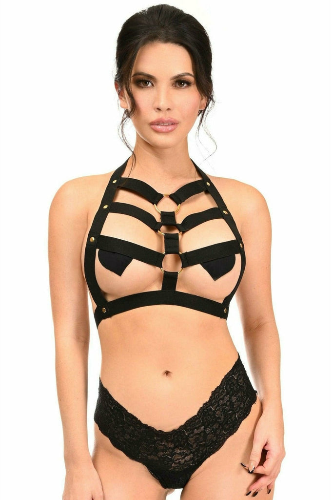 Woman modeling Black Stretchy Body Harness with gold hardware, styled with black underwear for a luxurious and versatile look.