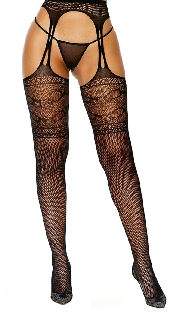 Black Suspender Pantyhose on a woman, featuring crochet styling and lace detail, emphasizing their daring, panty-less design for a romantic, alluring look.