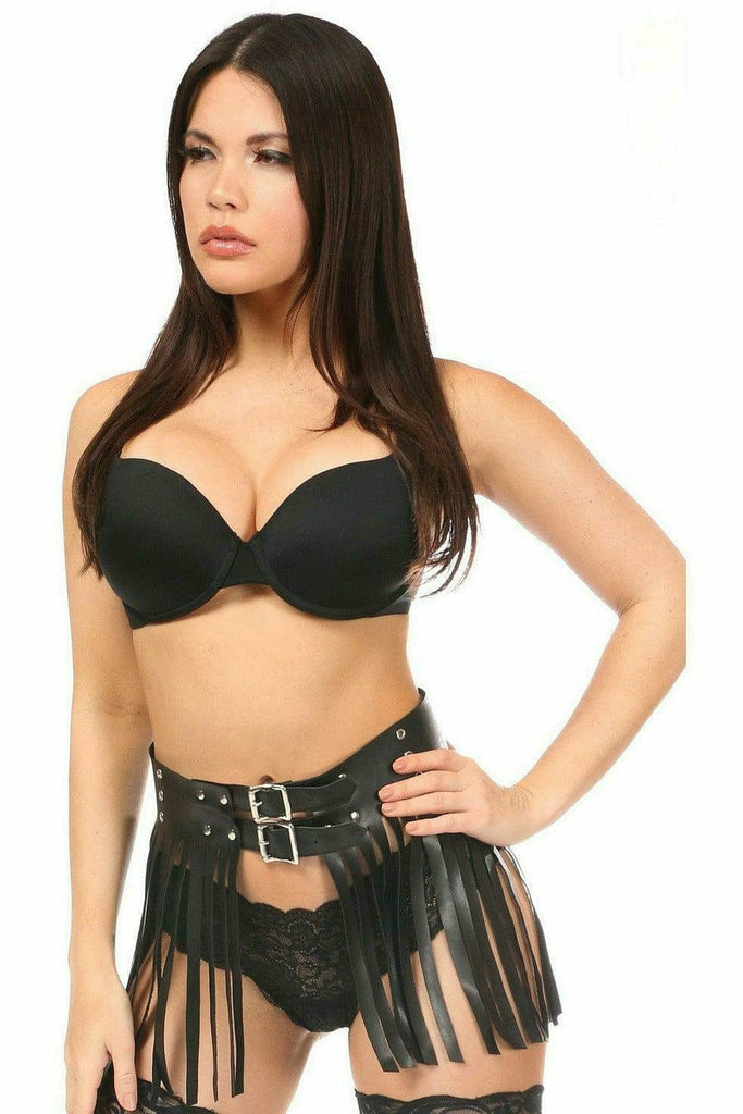 Woman wearing a Black Vegan Leather Fringe Mini Skirt with adjustable waist and chrome hardware, paired with a black top, showcasing the skirt's details.