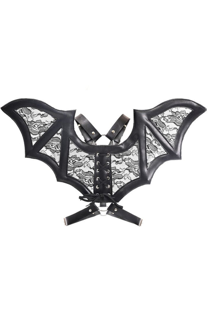 Black Faux Leather & Lace Wing Harness featuring adjustable straps and sheer lace bat wings, perfect for a bold festival fashion statement. Vegan approved.