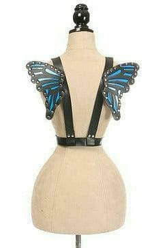 Mannequin displaying Black With Blue Vegan Leather Butterfly Wings harness, featuring gold hardware and adjustable straps, ideal for festival wear and lingerie.