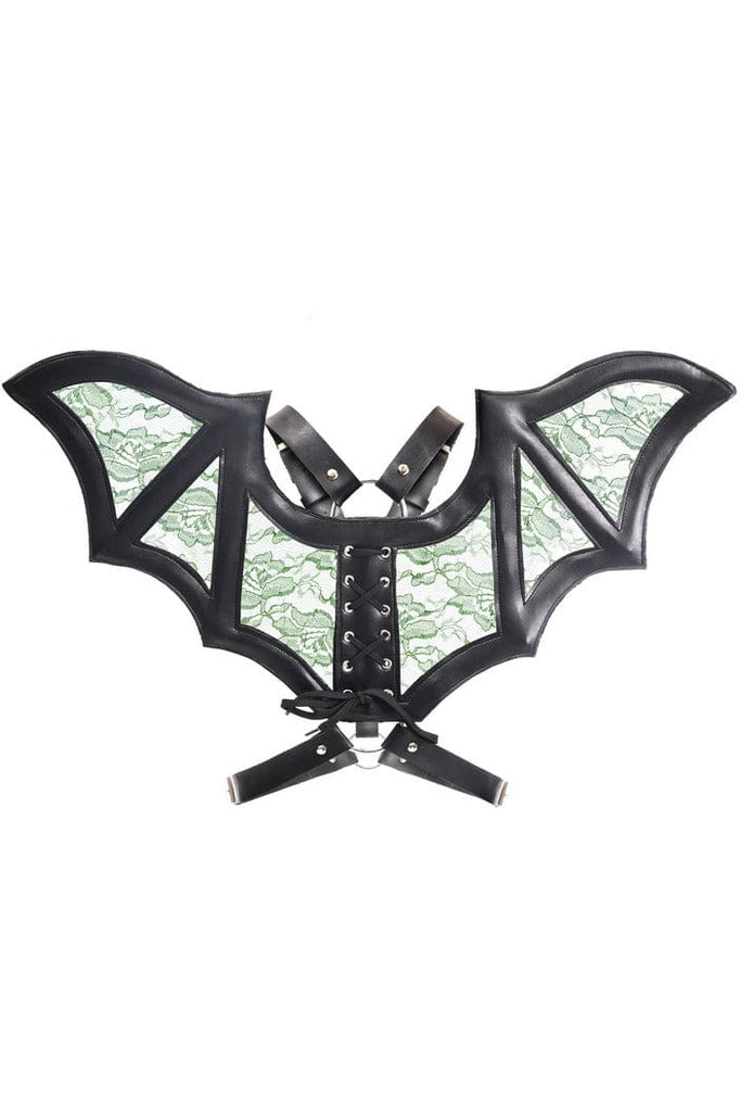 Black with Green Faux Leather & Lace Wing Harness, featuring intricate lace and faux leather bat wing design, perfect for enhancing festival or lingerie outfits.